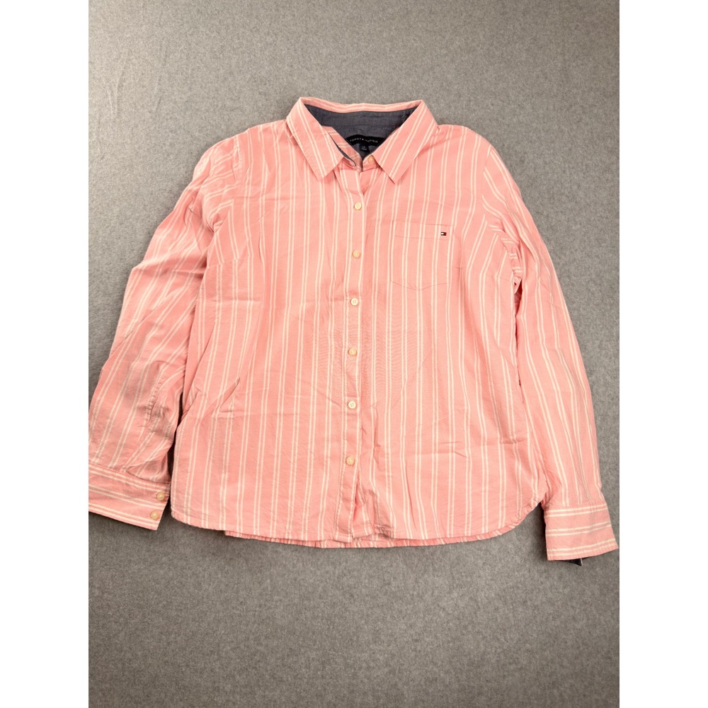 Tommy Hilfiger Pink White Striped Button Down Shirt Womens Large L Long Sleeve